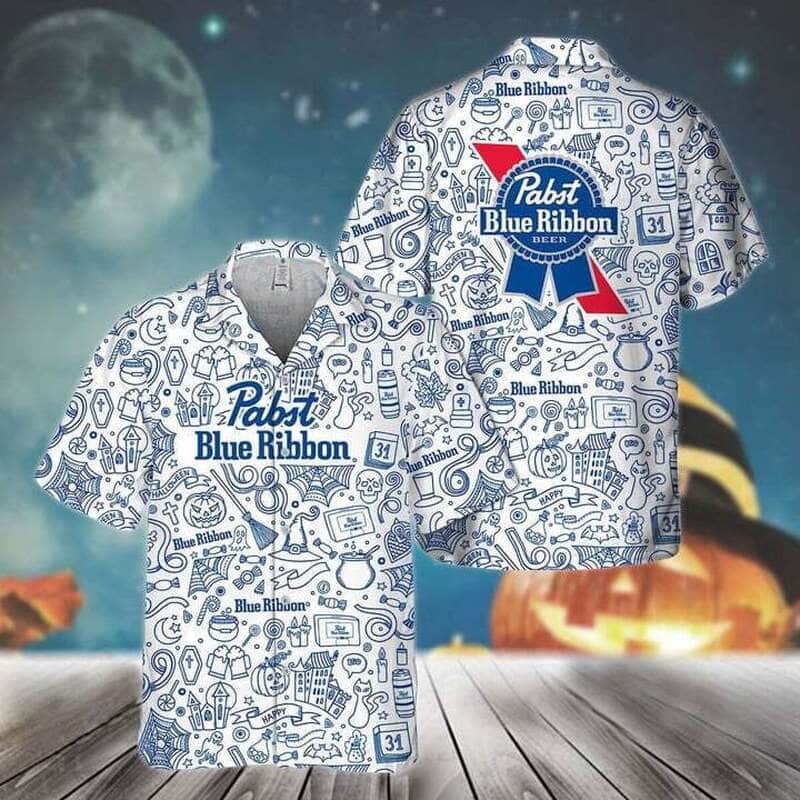 Pabst Blue Ribbon Hawaiian Shirt Happy Halloween Doodle Art