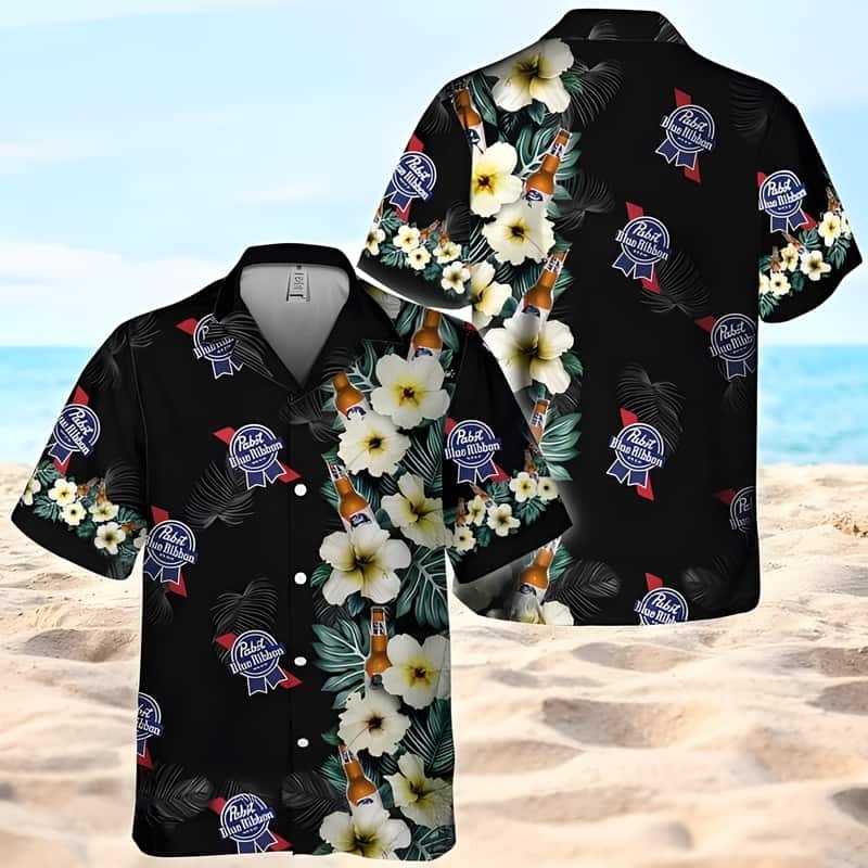 Black Pabst Blue Ribbon Beer Hawaiian Shirt Hibiscus Flower Pattern Black Pabst Blue Ribbon Beer Hawaiian Shirt Hibiscus Flower Pattern