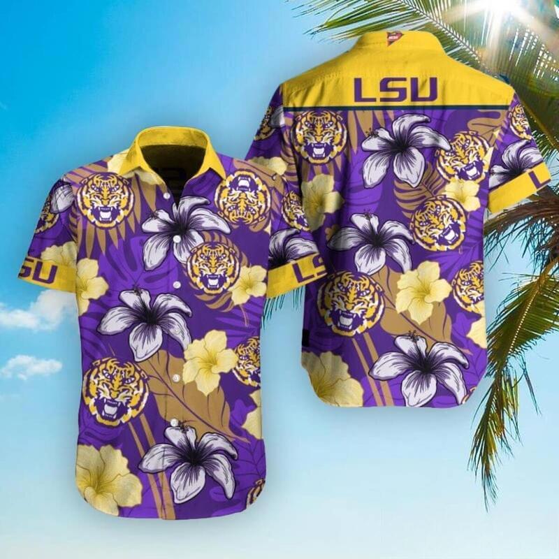 LSU Tigers Hawaiian Shirt Tropical Flower Pattern Summer Beach Gift LSU Tigers Hawaiian Shirt Tropical Flower Pattern Summer Beach Gift