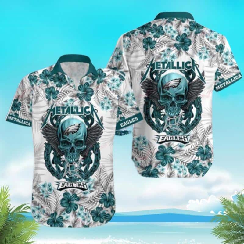 Skull And Flower Pattern NFL Philadelphia Eagles Hawaiian Shirt Skull And Flower Pattern NFL Philadelphia Eagles Hawaiian Shirt