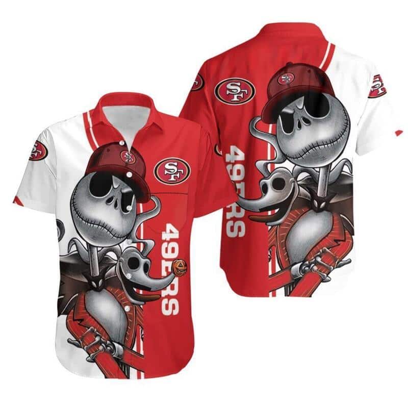 NFL San Francisco 49ers Hawaiian Shirt Jack Skellington And Zero NFL San Francisco 49ers Hawaiian Shirt Jack Skellington And Zero