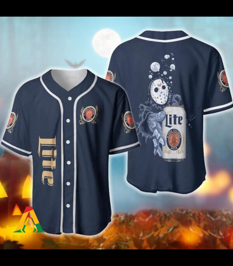 Jason Voorhees Underwater Holding Miller Lite Beer Baseball Jersey Jason Voorhees Underwater Holding Miller Lite Beer Baseball Jersey