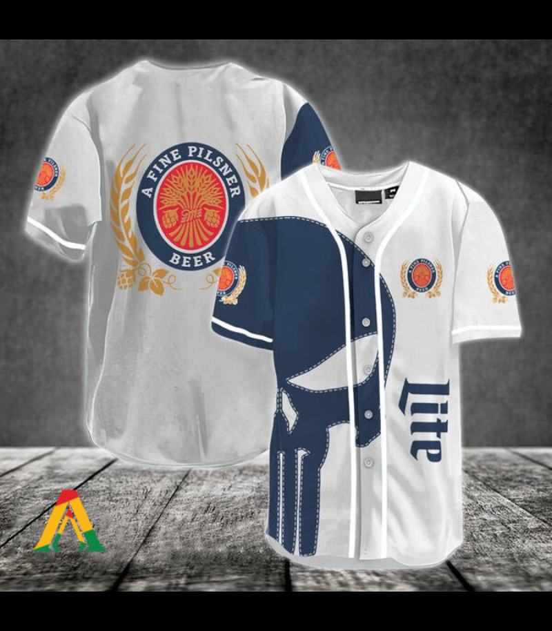 Miller Lite Baseball Jersey Navy Skull A Fine Pilsner Beer Miller Lite Baseball Jersey Navy Skull A Fine Pilsner Beer