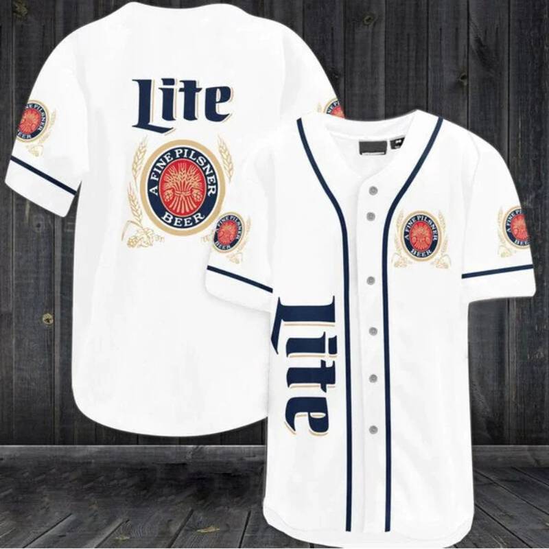 White Miller Lite Baseball Jersey A Fine Pilsner Beer White Miller Lite Baseball Jersey A Fine Pilsner Beer