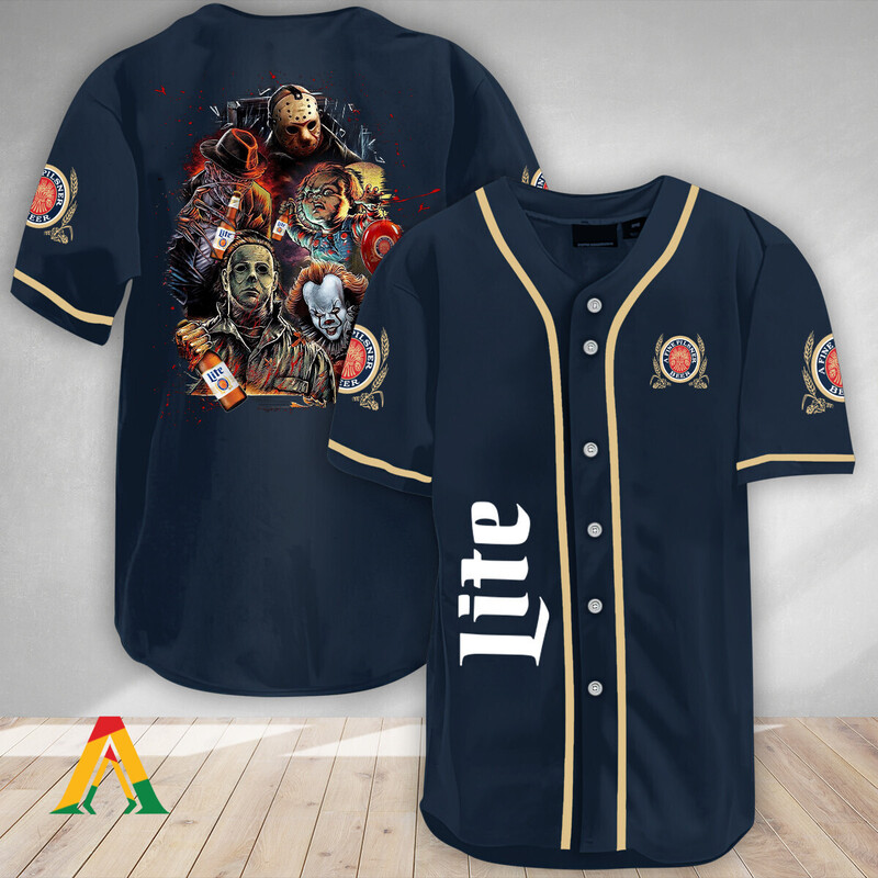 Miller Lite Beer Baseball Jersey Pennywise Chucky Freddy Jason Michael Myers Miller Lite Beer Baseball Jersey Pennywise Chucky Freddy Jason Michael Myers