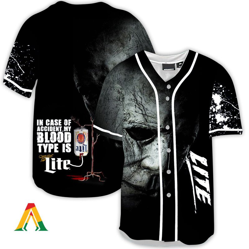 Michael Myers In Case Of Accident My Blood Type Is Miller Lite Beer Baseball Jersey Michael Myers In Case Of Accident My Blood Type Is Miller Lite Beer Baseball Jersey