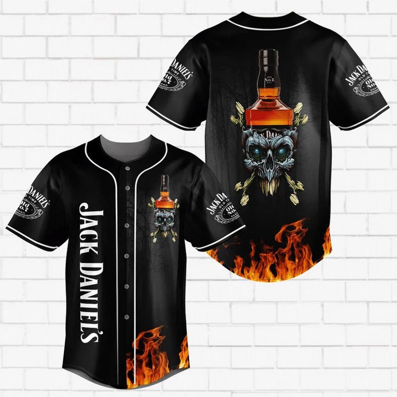 Jack Daniels Baseball Jersey Whiskey Skull On Fire Baseball Fans Gift Jack Daniels Baseball Jersey Whiskey Skull On Fire Baseball Fans Gift
