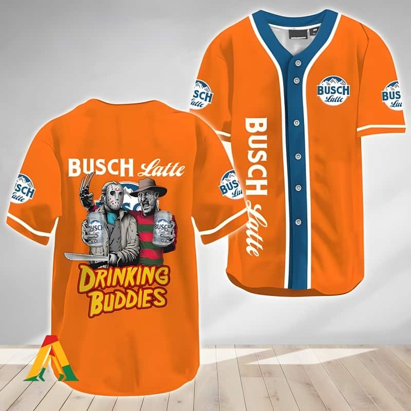 Halloween Freddy Vs Jason Drinking Buddies Busch Latte Baseball Jersey Halloween Freddy Vs Jason Drinking Buddies Busch Latte Baseball Jersey