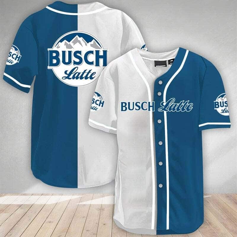 Busch Latte Baseball Jersey White And Blue Split Gift For Beer Lovers Busch Latte Baseball Jersey White And Blue Split Gift For Beer Lovers