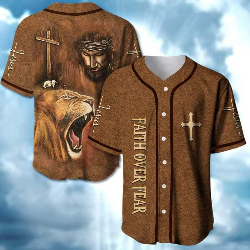 Jesus And Lion Baseball Jersey Faith Over Fear Christian Gift For Friends Jesus And Lion Baseball Jersey Faith Over Fear Christian Gift For Friends