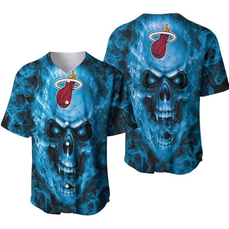 Miami Heat Baseball Jersey Blue Smoke Skull Pattern Gift For NBA Fans Miami Heat Baseball Jersey Blue Smoke Skull Pattern Gift For NBA Fans