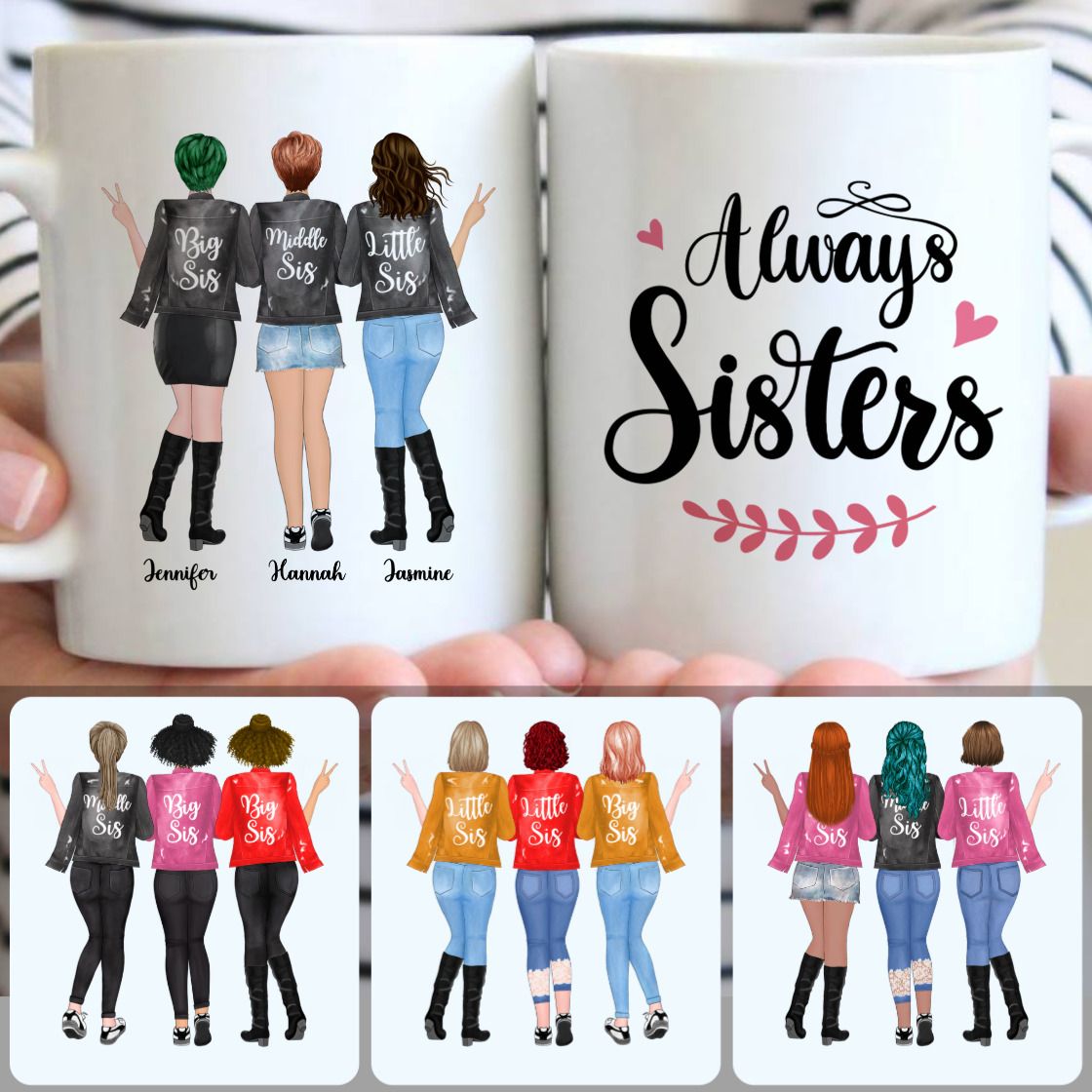 Personalized Mug, Meaningful Birthday Gifts, 3 Sisters Customized Coffee Mug With Names