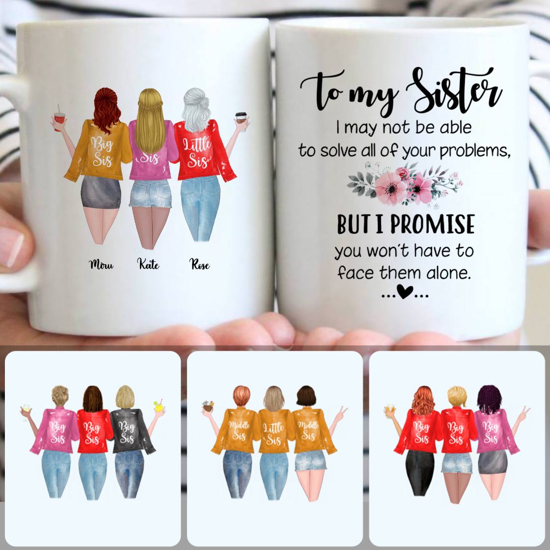 Personalized Mug, Memorial Birthday Gifts, 3 Sisters Customized Coffee Mug With Names