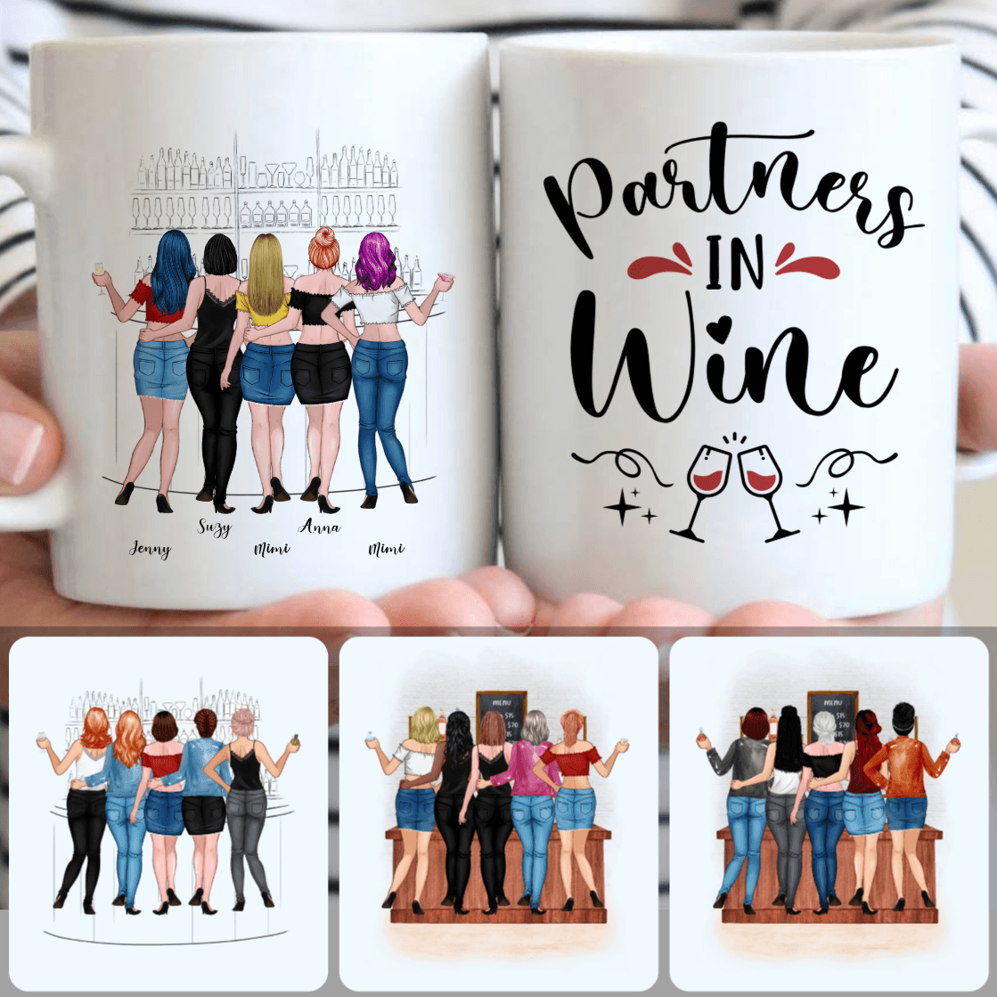 Personalized Mug, Perfect Birthday Gifts For Best Friends, 5 Partners In Wine Customized Coffee Mug With Names