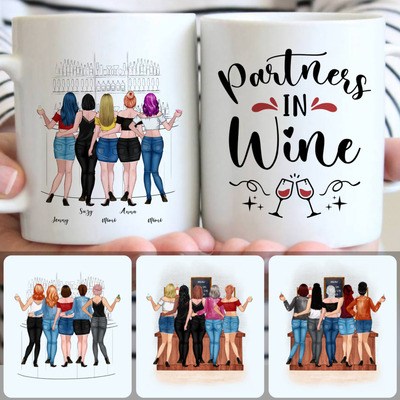 5 Partners In Wine Customized Coffee Mug With Names, Personalized Mug, Perfect Birthday Gifts For Best Friends