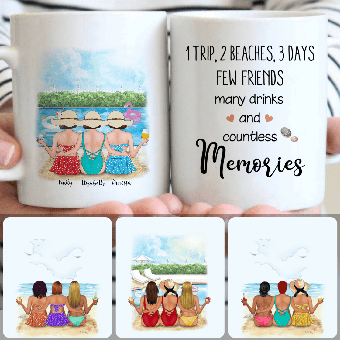 Personalized Mug, Best Birthday Gifts For Best Friends, 3 Girls On The Beach Customized Coffee Mug With Names