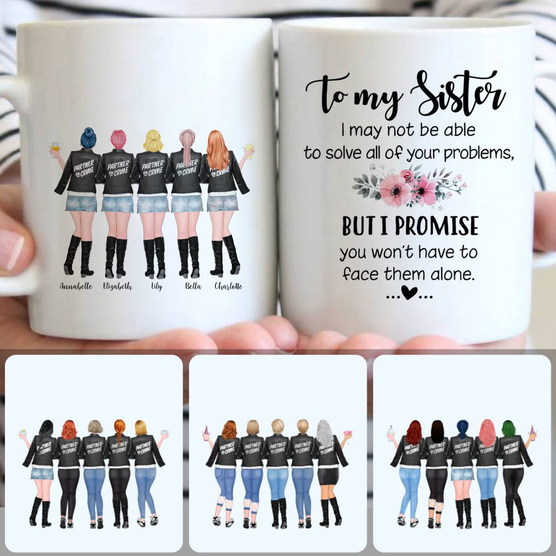 Personalized Mug, Meaningful Birthday Gifts, 5 Sisters Partner In Crime Customized Coffee Mug With Names