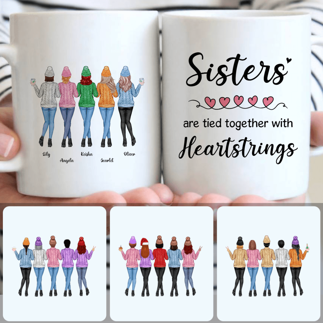 Personalized Mug, Unique Birthday Gifts, 5 Sisters Wearing Sweaters Customized Coffee Mug With Names