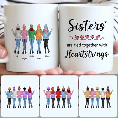 5 Sisters Wearing Sweaters Customized Coffee Mug With Names, Personalized Mug, Unique Birthday Gifts