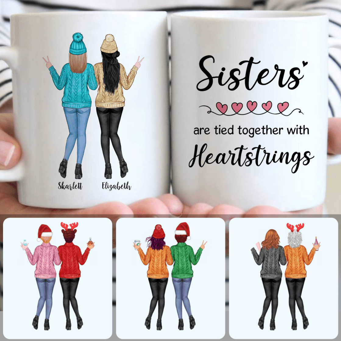 Personalized Mug, Best Birthday Gifts, 2 Sisters Wearing Sweaters Customized Coffee Mug With Names