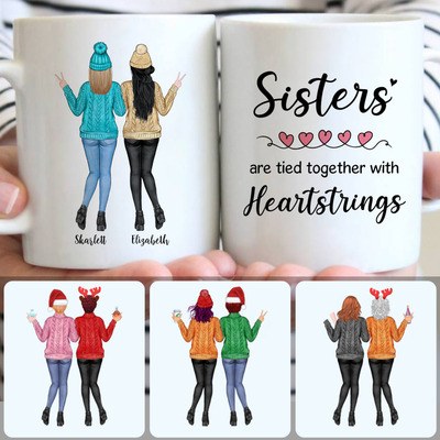 2 Sisters Wearing Sweaters Customized Coffee Mug With Names, Personalized Mug, Best Birthday Gifts