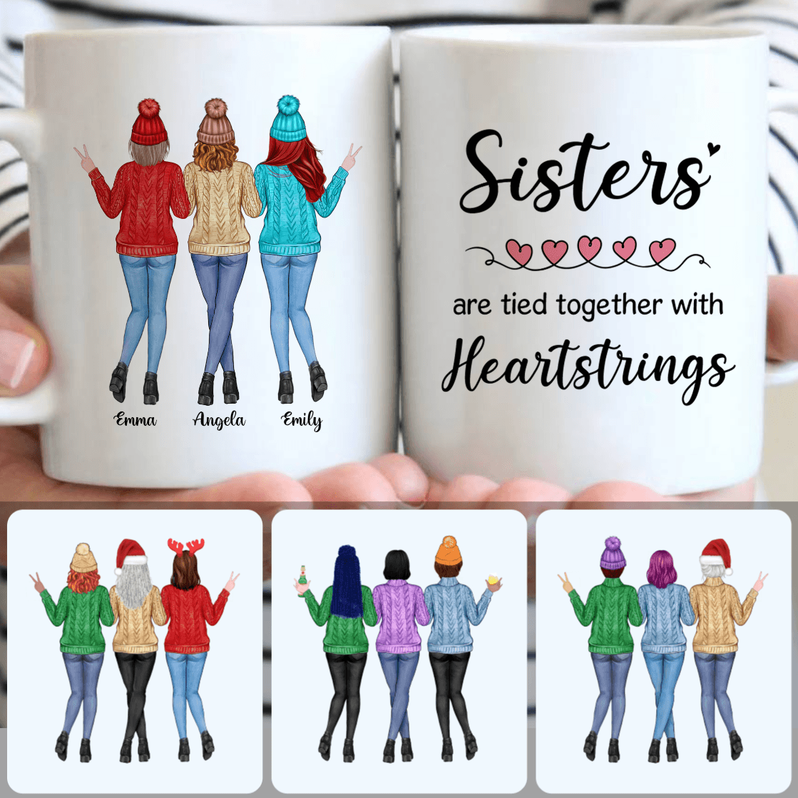 Personalized Mug, Perfect Birthday Gifts,3 Sisters Wearing Sweaters Customized Coffee Mug With Names