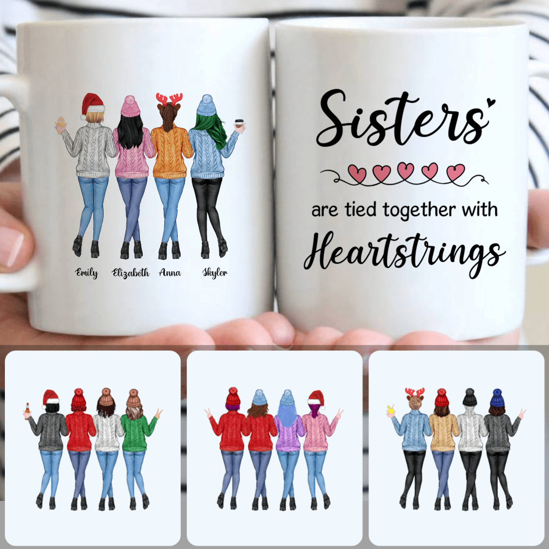 Personalized Mug, Surprise Birthday Gifts, 4 Sisters Wearing Sweaters Customized Coffee Mug With Names