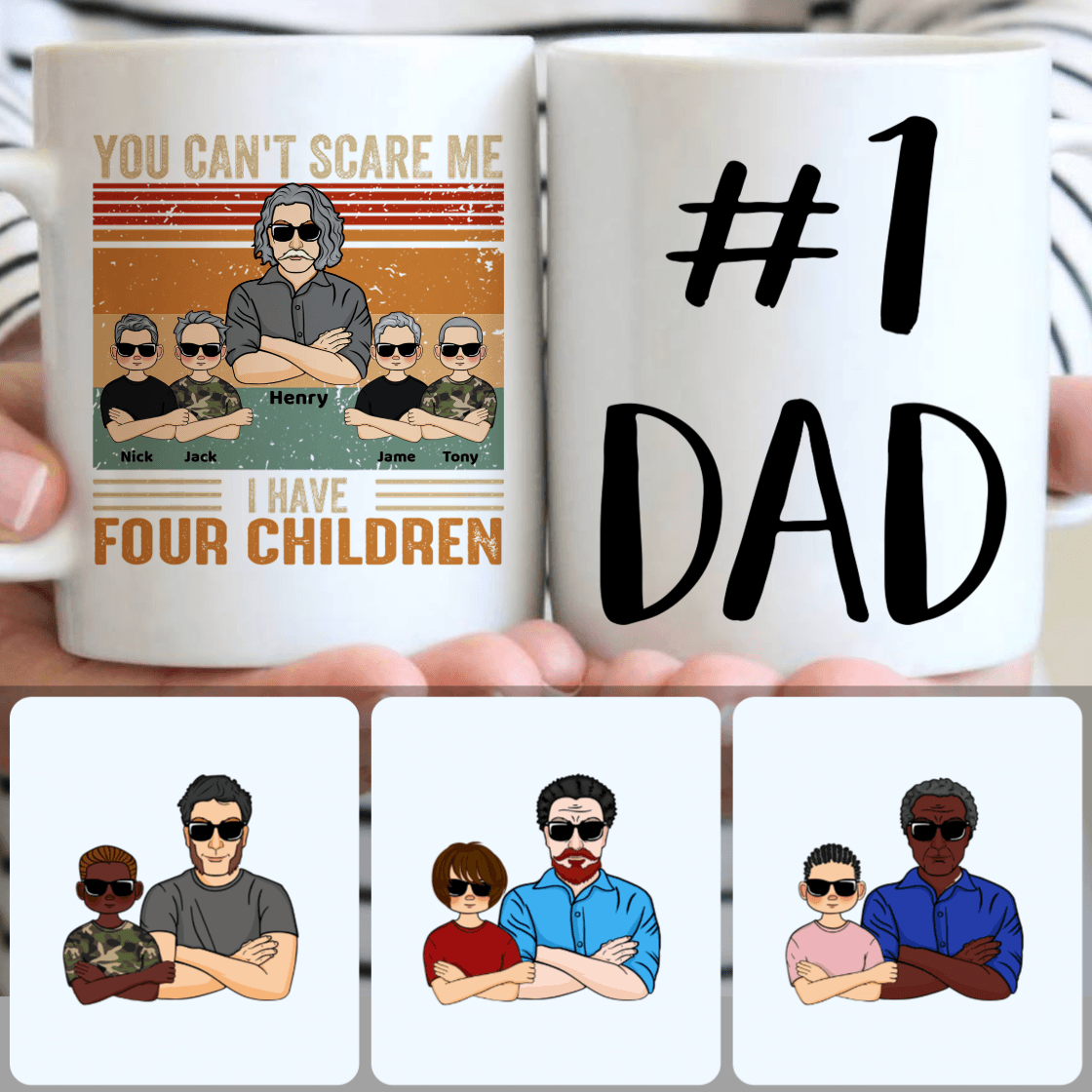 Personalized Mug, Best Father's Day Gifts, Dad & 4 Children Customized Coffee Mug With Names