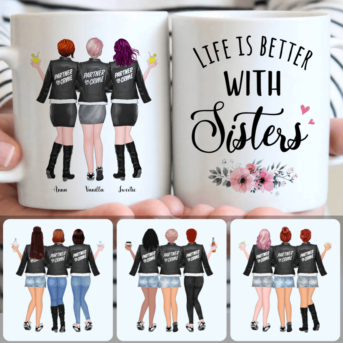 Personalized Mug, Unique Birthday Gifts, 3 Sisters - Partner In Crime Customized Coffee Mug With Names