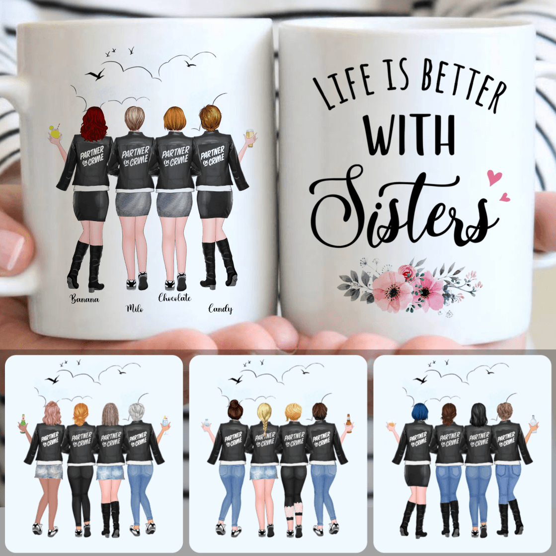 Personalized Mug, Special Birthday Gifts, 4 Sisters - Partner In Crime Customized Coffee Mug With Names