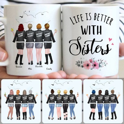 4 Sisters - Partner In Crime Customized Coffee Mug With Names, Personalized Mug, Special Birthday Gifts