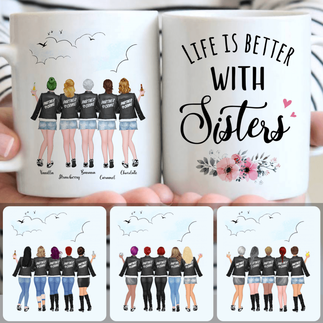 Personalized Mug, Best Birthday Gifts, 5 Sisters - Partner In Crime Customized Coffee Mug With Names