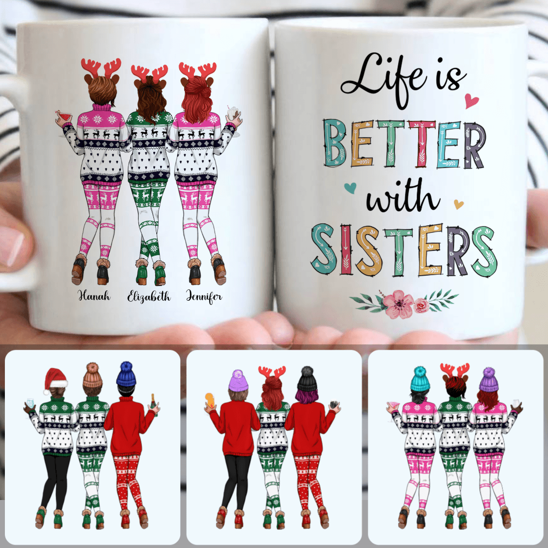 Personalized Mug, Unique Christmas Gifts, 3 Sisters Customized Coffee Mug With Names