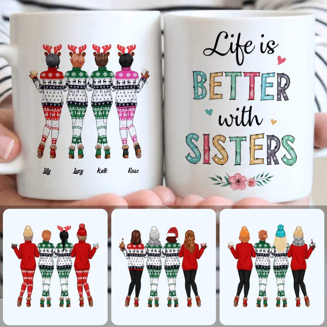 Personalized Mug, Best Christmas Gifts, 4 Sisters Customized Coffee Mug With Names