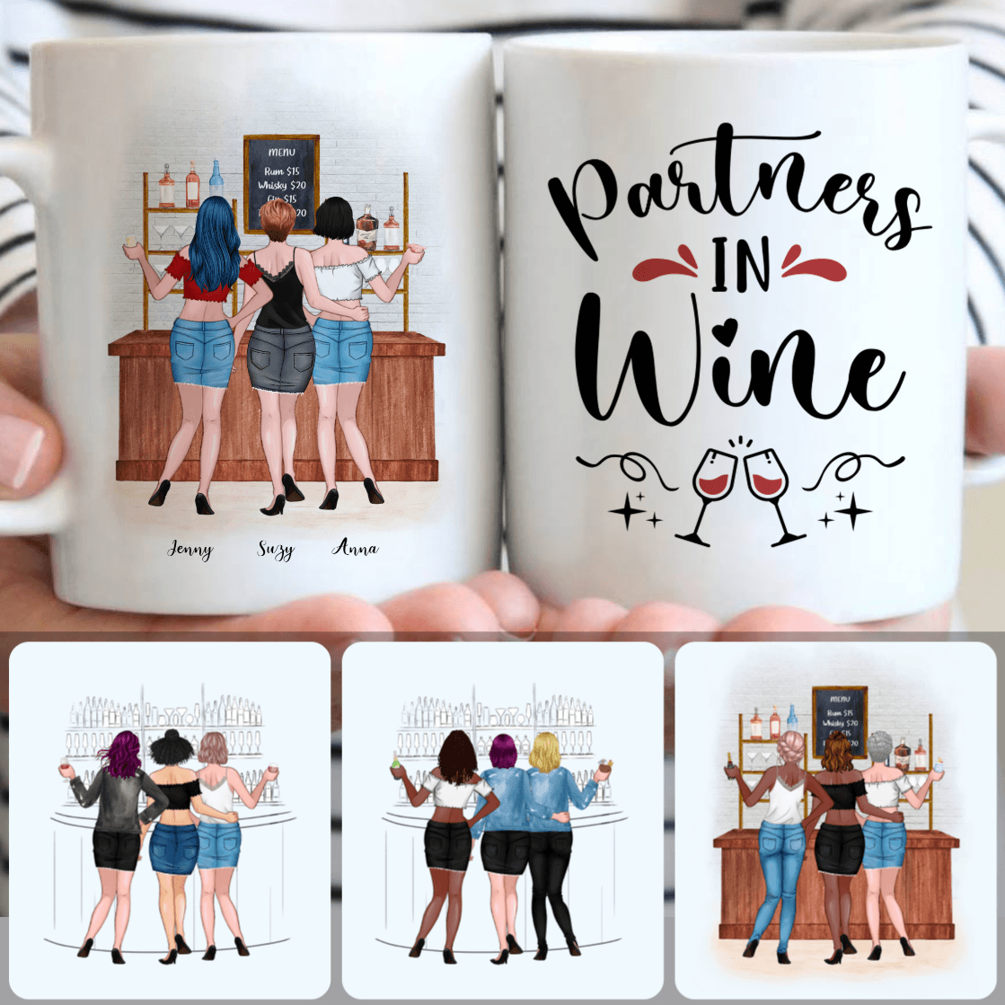 Personalized Mug, Unique Birthday Gifts For Best Friends, 3 Partners In Wine Customized Coffee Mug With Names