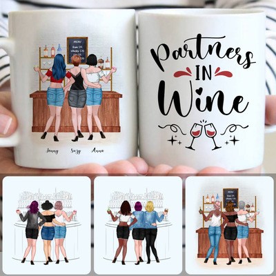 3 Partners In Wine Customized Coffee Mug With Names, Personalized Mug, Unique Birthday Gifts For Best Friends