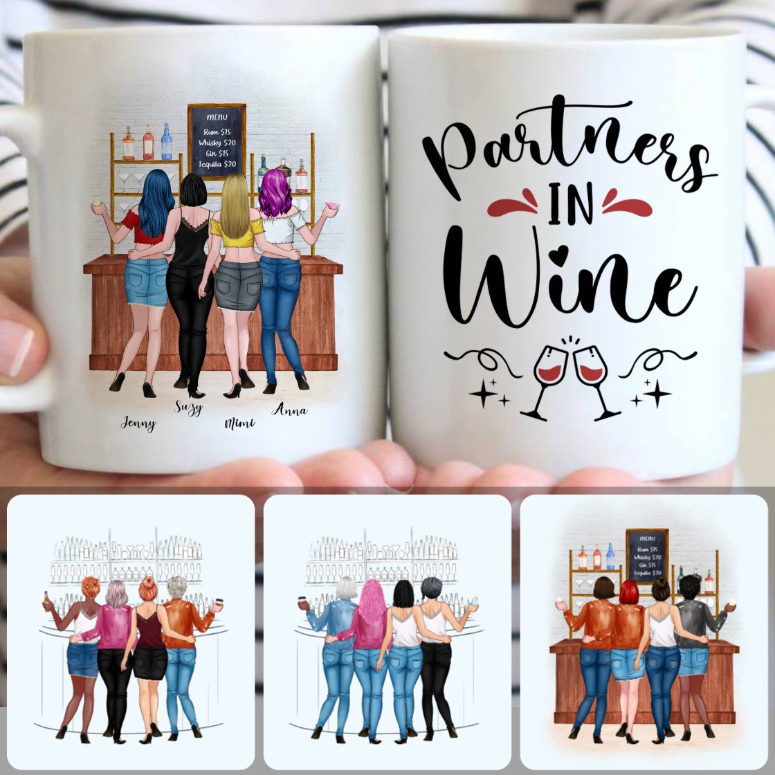 Personalized Mug, Special Birthday Gifts For Best Friends, 4 Partners In Wine Customized Coffee Mug With Names