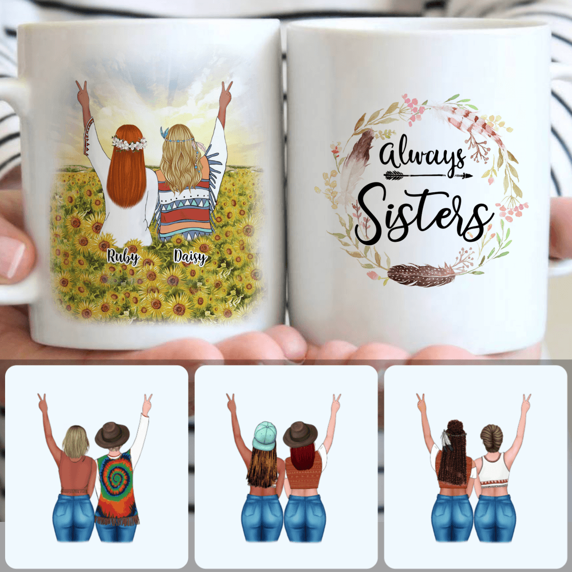 Personalized Mug, Unique Birthday Gifts, 2 Sisters - Boho Style Customized Coffee Mug With Names