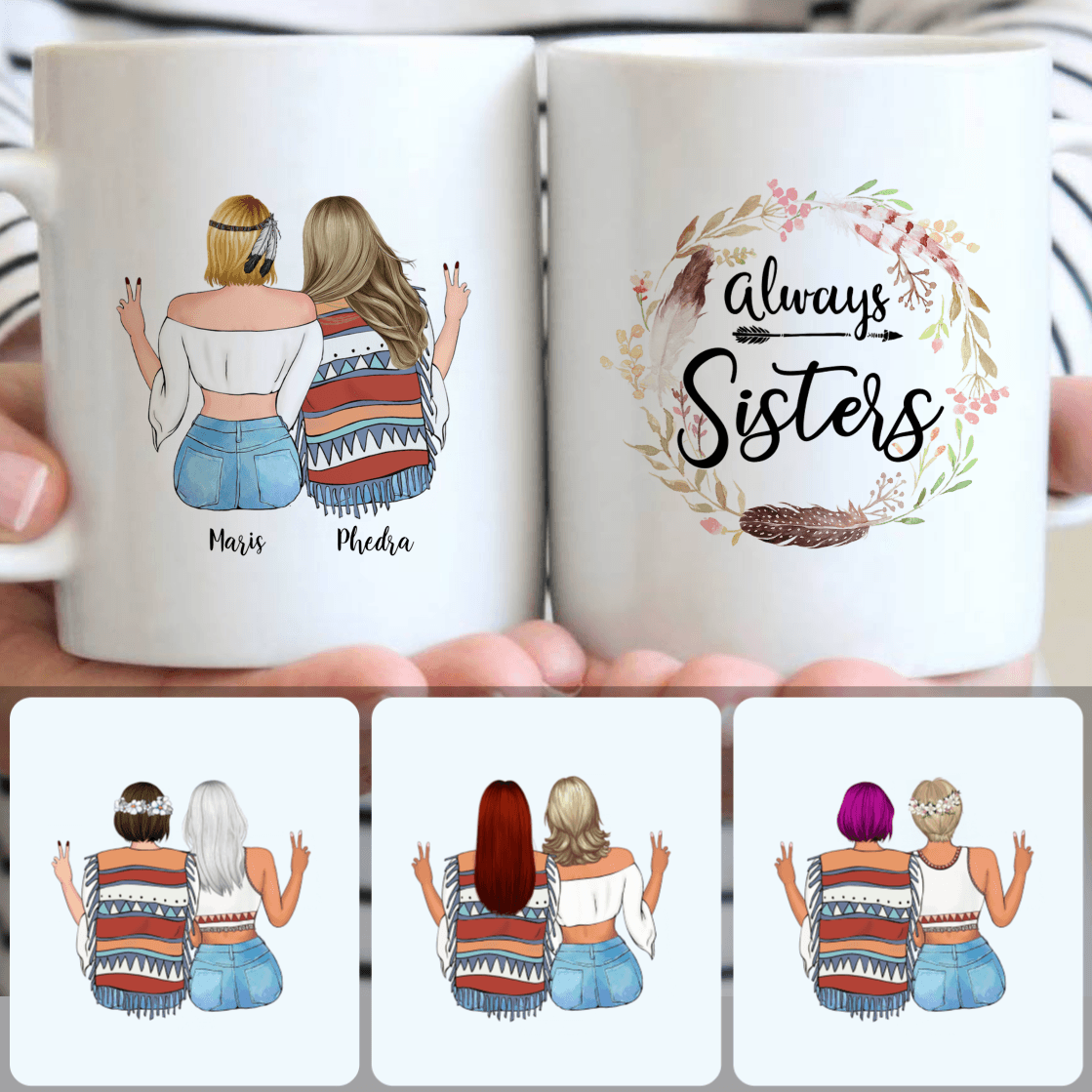 Personalized Mug, Special Birthday Gifts, 2 Sisters - Boho Style Customized Coffee Mug With Names