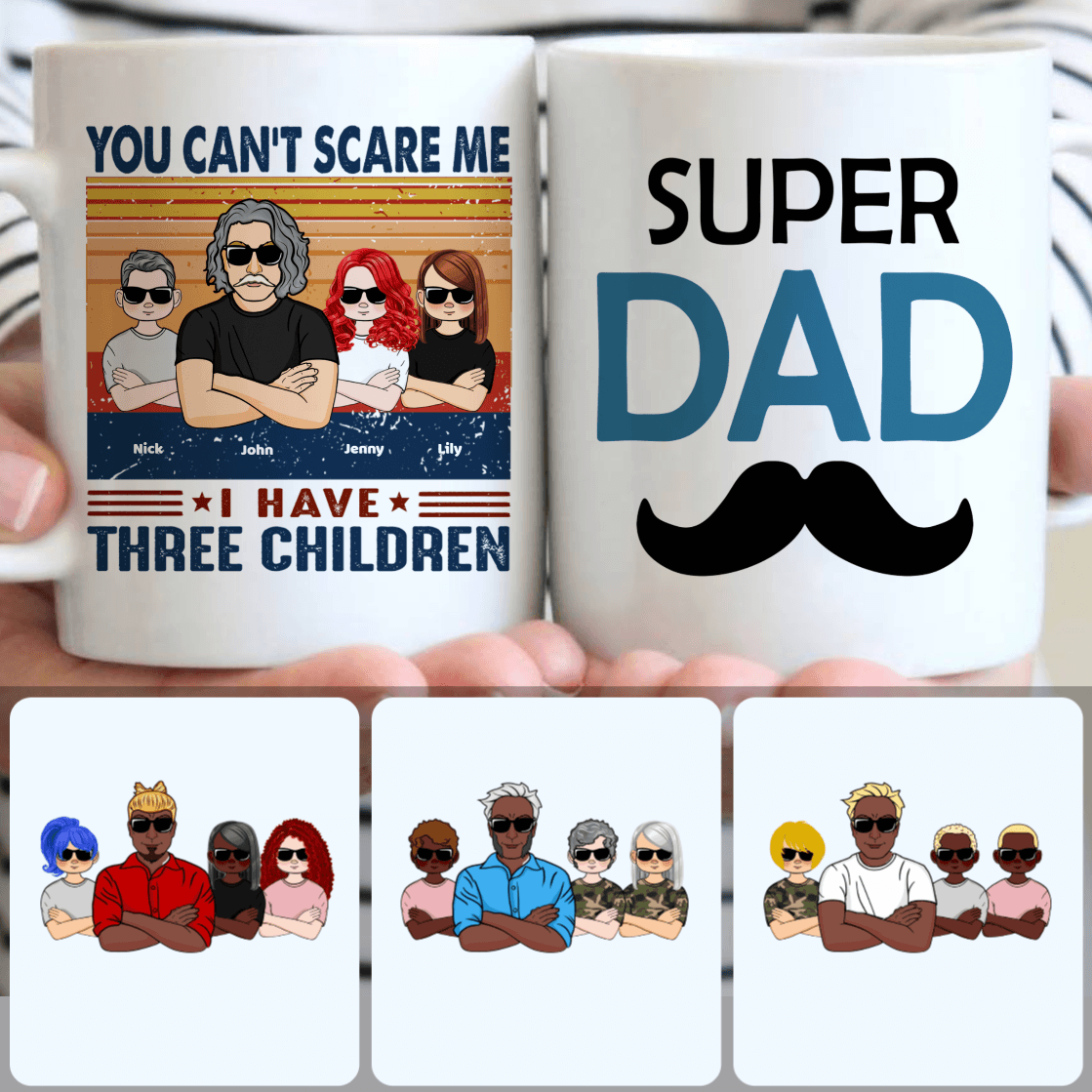 Personalized Mug, Unique Father's Day Gifts, Dad & 3 Children Customized Coffee Mug With Names