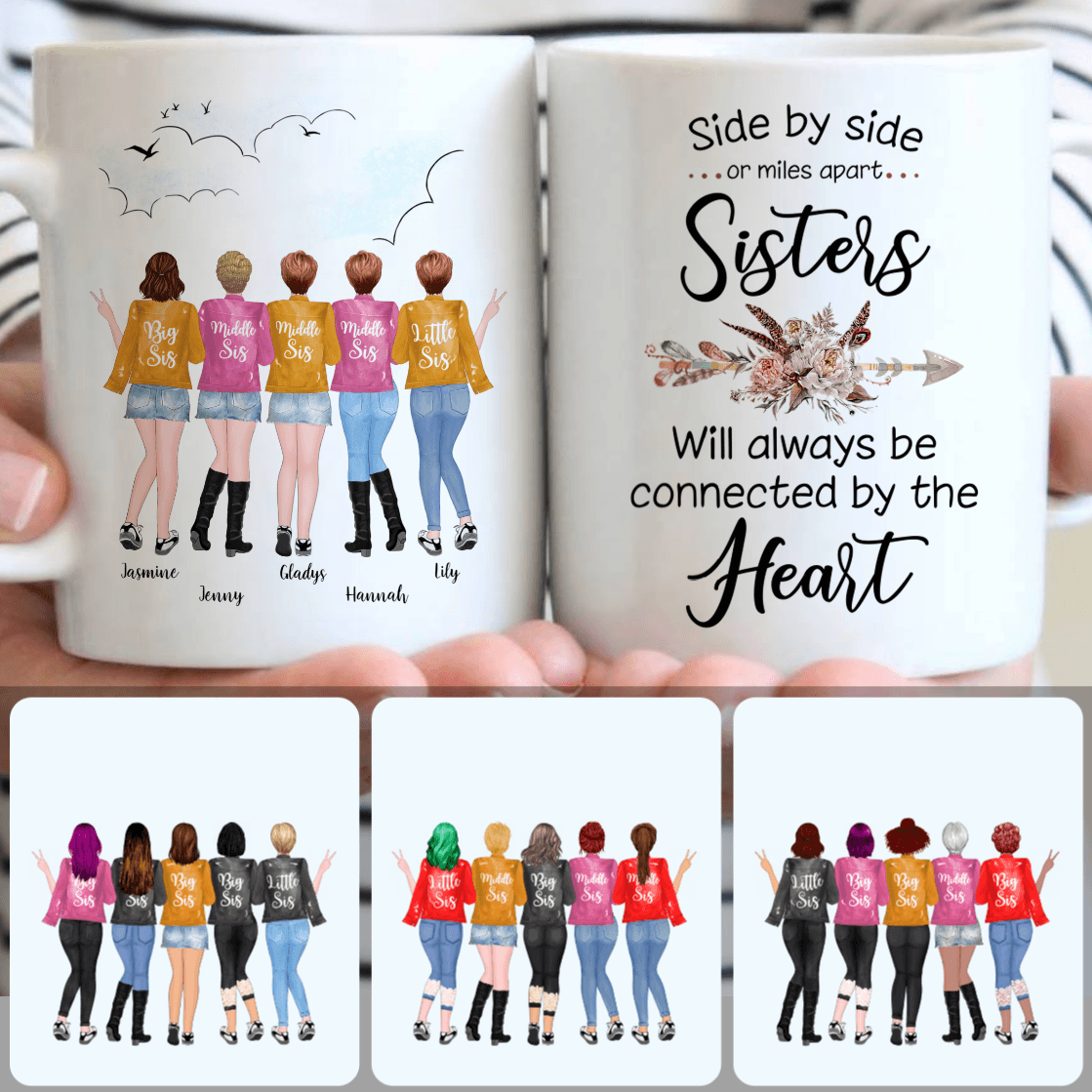 Personalized Mug, Unique Birthday Gifts, 5 Sisters Customized Coffee Mug With Names