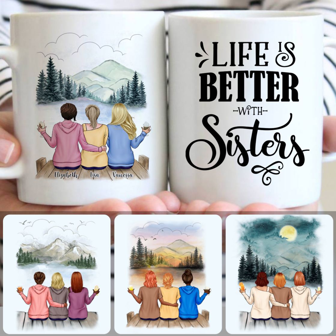 Personalized Mug, Best Birthday Gifts, 3 Sisters Sitting On A Bridge Customized Coffee Mug With Names