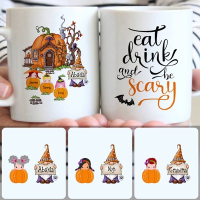 Family & 3 Kids Customized Coffee Mug With Names, Personalized Mug, Unique Halloween Gifts For Mom