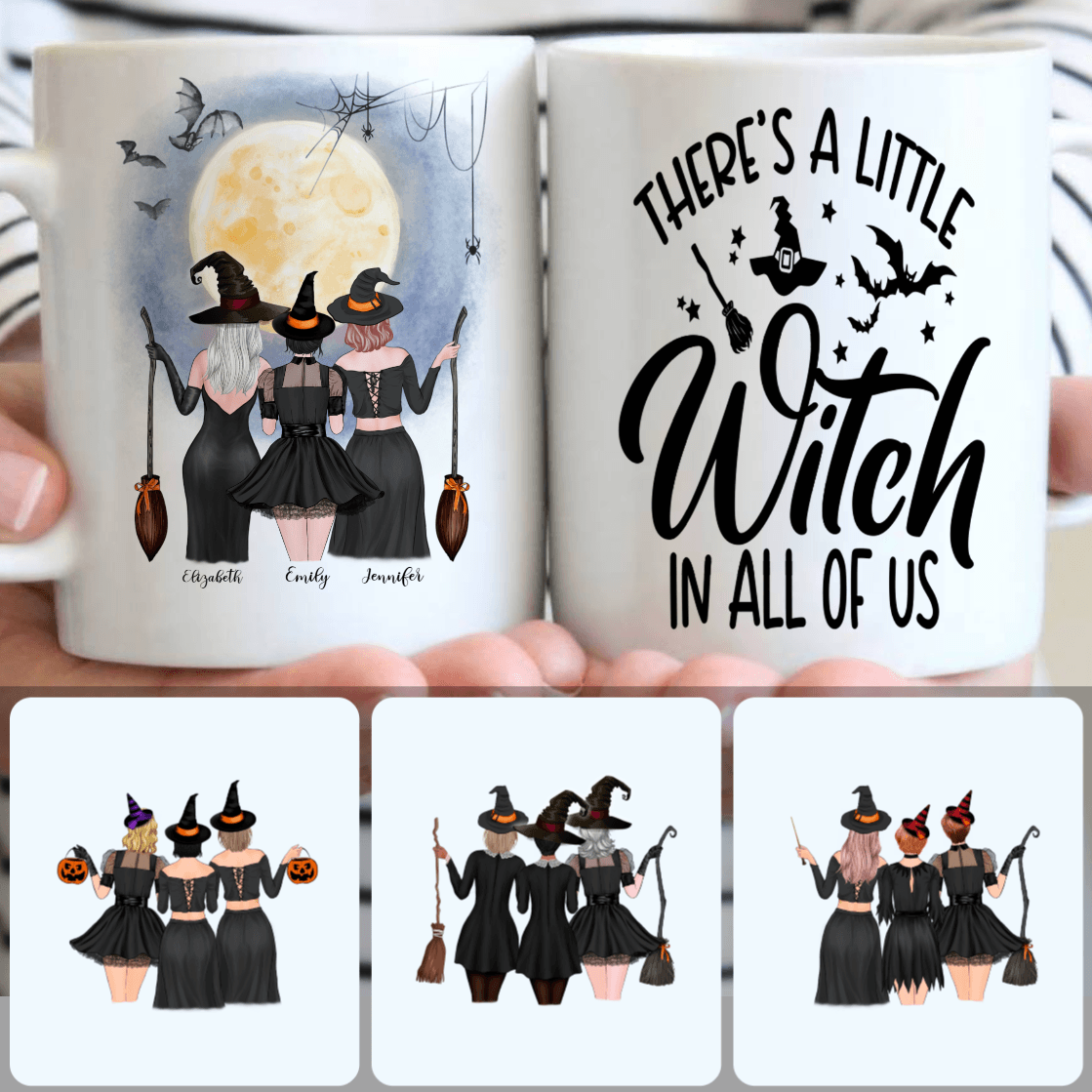 Personalized Mug, Unique Halloween Gifts, 3 Sisters - A Little Witch Customized Coffee Mug With Names