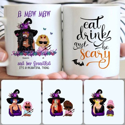 Witch & Kid Customized Coffee Mug With Names, Personalized Mug, Best Halloween Gifts For Mom