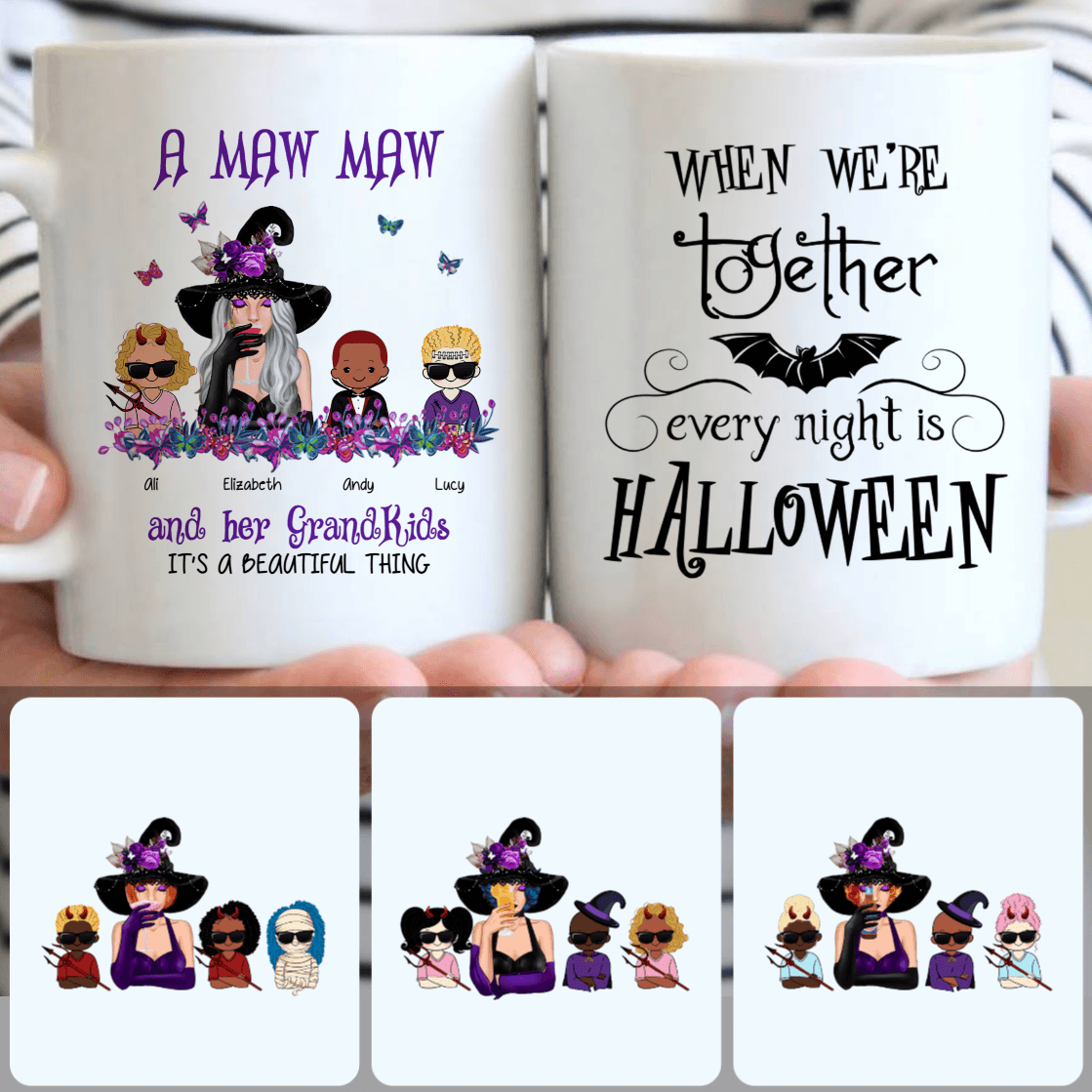 Personalized Mug, Perfect Halloween Gifts For Mom, Witch & 3 Kids Customized Coffee Mug With Names