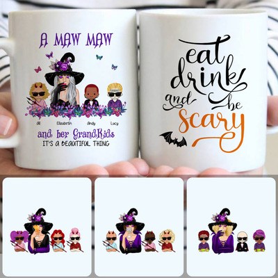 Witch & 3 Kids Customized Coffee Mug With Names, Personalized Mug, Perfect Halloween Gifts For Mom