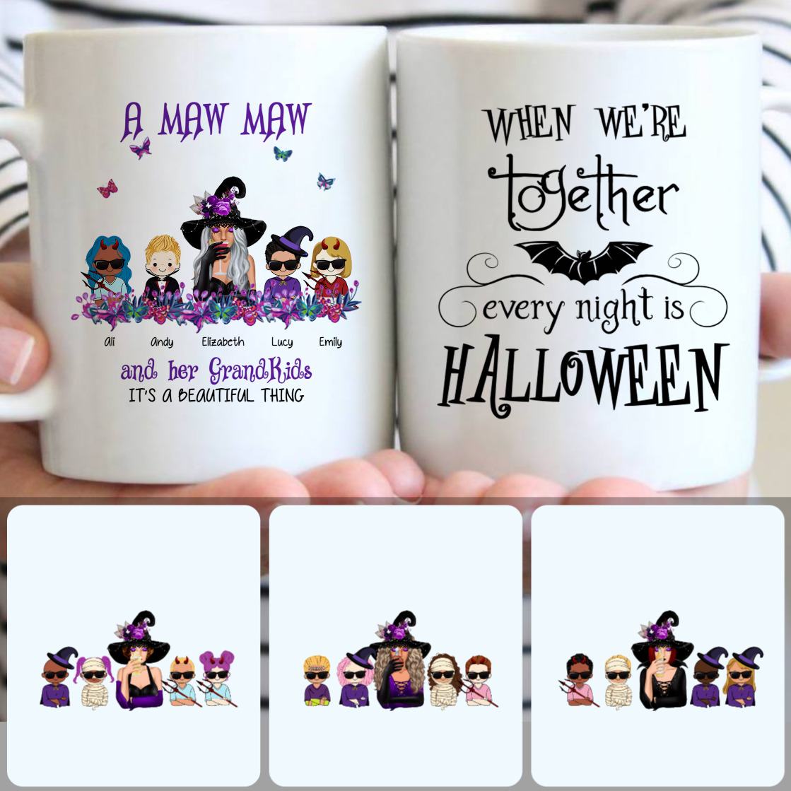 Personalized Mug, Special Halloween Gifts For Mom, Witch & 4 Kids Customized Coffee Mug With Names
