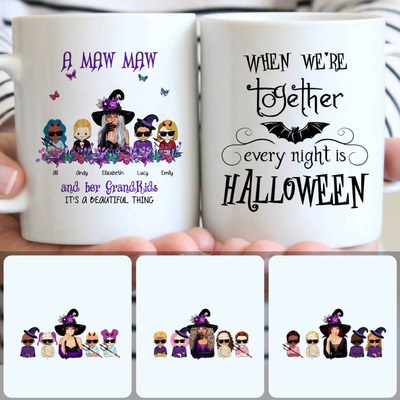 Witch & 4 Kids Customized Coffee Mug With Names, Personalized Mug, Special Halloween Gifts For Mom