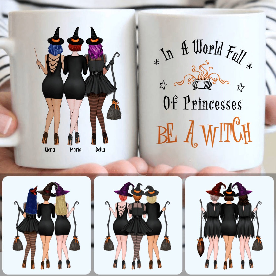 Personalized Mug, Special Halloween Gifts, 3 Best Friends - Be A Witch Customized Coffee Mug With Names